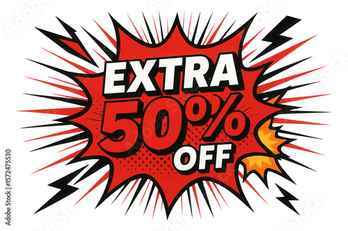 Wallpaper Mural Red burst sticker with EXTRA 50% OFF offer in bold comic style, dynamic retail promotion on transparent background. Torontodigital.ca