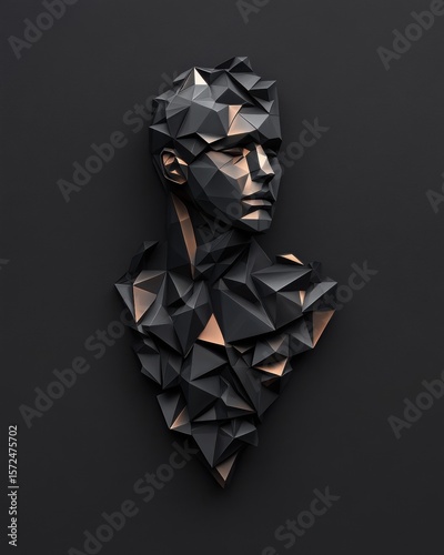 Abstract geometric sculpture of a human figure in a modern art style with black and gold triangular facets presenting a futuristic aesthetic