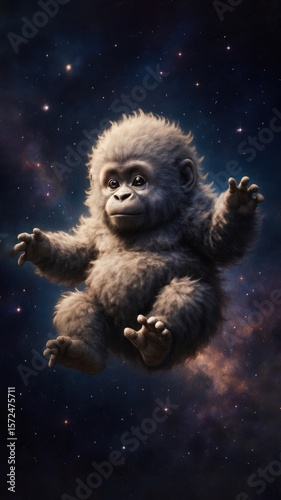 Adorable baby gorilla in space.