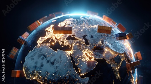 Global Trade Routes with Spinning Earth and Glowing Cargo Containers
