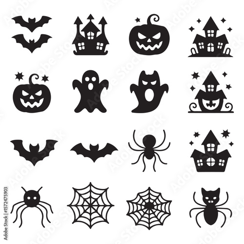 Halloween icons bats haunted houses pumpkins ghosts spiders web vector