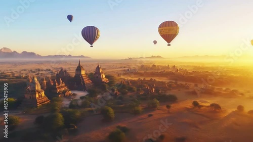 Bagan, Myanmar temples with hot air balloons at sunrise