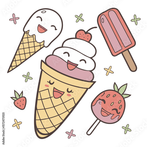 colorful,cartoon,cute,playful,ice cream,popsicle,cone,dessert,food,sweets,whimsical,fun,kawaii,doodle,playful,hand-drawn,vibrant,dynamic,lively,cheerful
