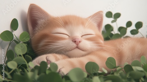 Adorable sleepy kitten resting among green leaves with a peaceful expression, showcasing cuteness and tranquility in a natural setting