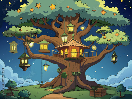 an elaborate magical treehouse in a giant oak tree