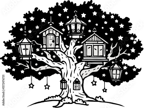 an elaborate magical treehouse in a giant oak tree