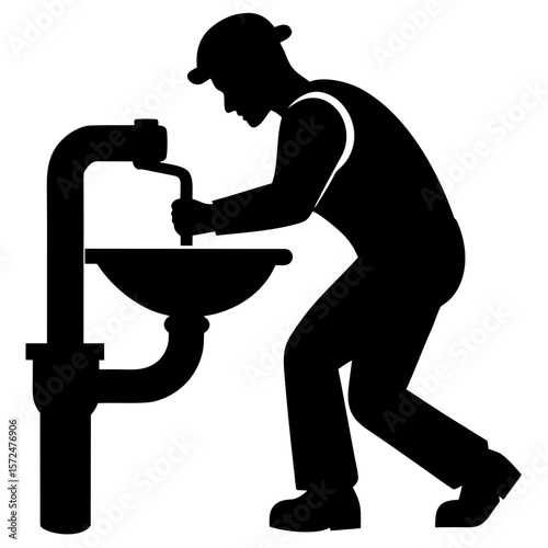 Plumber repairing a sink in silhouette vector illustration