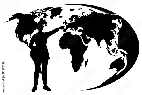 Woman points at world map globe earth silhouette vector illustration