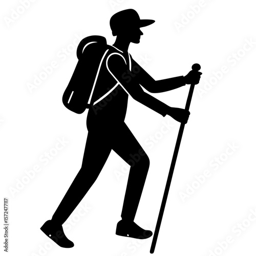 Hiking man with backpack and stick silhouette vector illustration