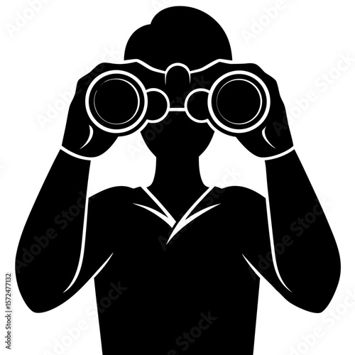 Person looking through binoculars black silhouette vector illustration