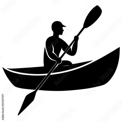 Man paddling a kayak boat with oar silhouette vector illustration