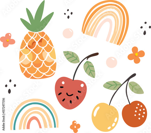 Cute Summer Fruit Illustration with Rainbows and Flowers for Kids