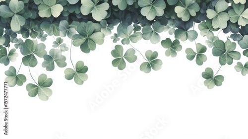 Lush Green Clover Leaves Border Against a White Background, Ideal for Celebrating Nature, St. Patrick's Day, or Freshness in Design Projects