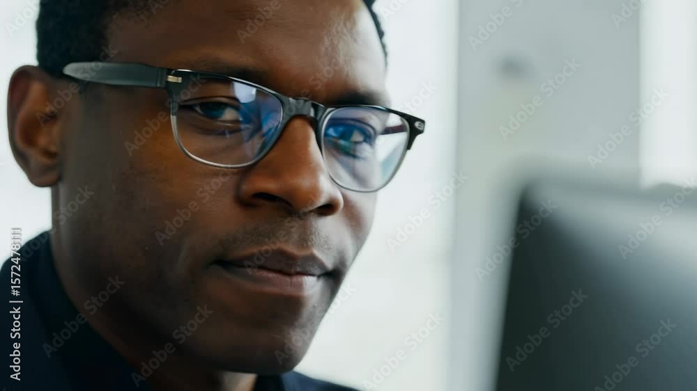 Close-up video of a middle aged African American man in front of laptop monitor in office. The man’s serious look conveys his dedication, fully immersed in his work on the laptop. Close-up video of a middle aged African American man in front of laptop monitor in office. The man’s serious look conveys his dedication, fully immersed in his work on the laptop.