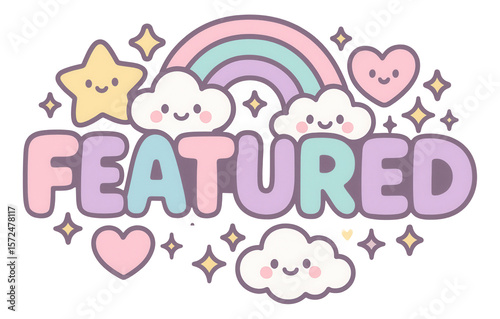 Pastel bubble sticker with FEATURED in cute kawaii style, playful promo retail offer on transparent background.