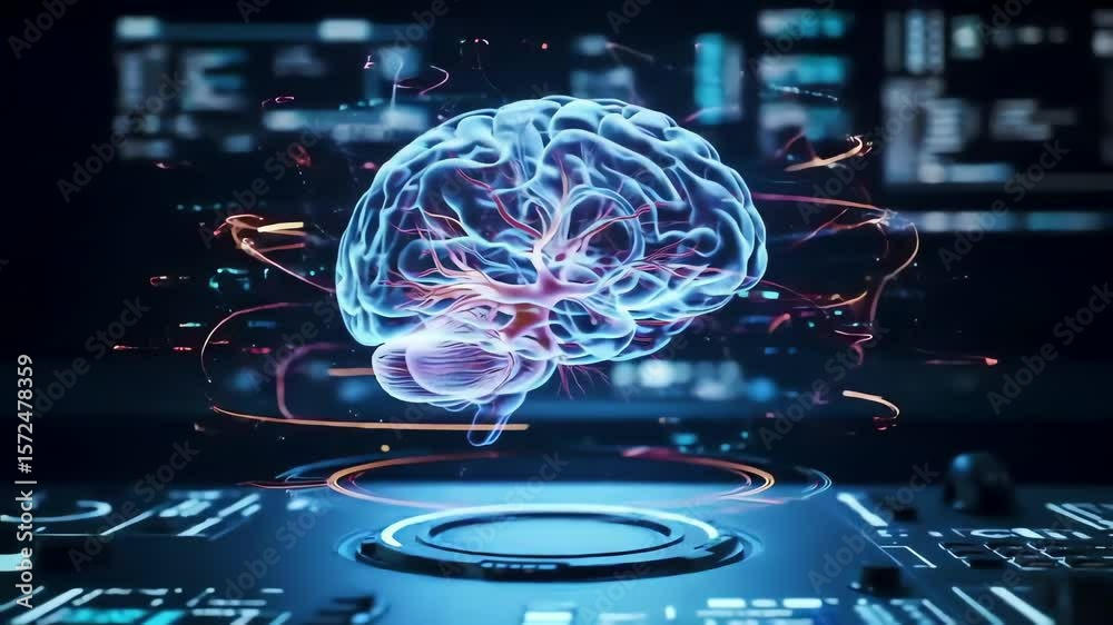 A glowing human brain hologram floating above a futuristic interface. Ideal for AI, medical tech, education, neuroscience, and sci-fi themes. High-tech, clean, and visually immersive