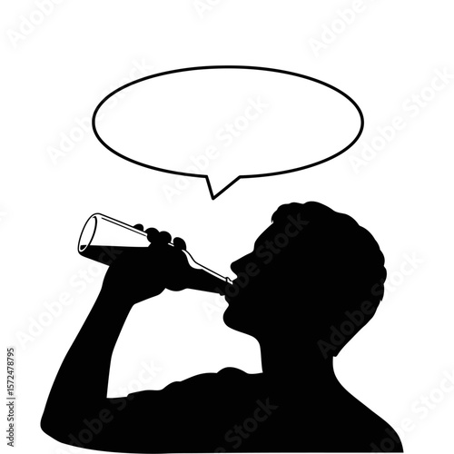 Silhouette of a Man Drinking from a Bottle with Empty Speech Bubble