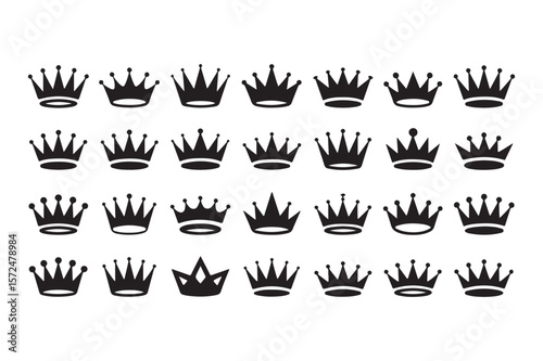 Collection of black silhouette royal crowns on white background monarchy symbol