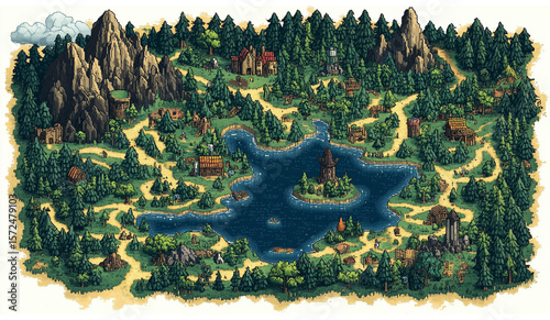 A dynamic, large map of diverse land areas in retro cartoon flat pixelated 8-bit style for a mobile or computer video game