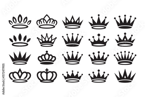 Collection of twenty black crown icons on white background royal monarchy 1