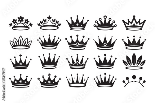 Collection of black royal crowns and tiaras on white background king queen