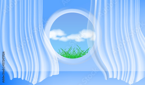 Realistic stage with ound window and transparent curtains
