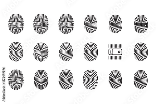Black fingerprint icons and microchip on white background thumbprint biometric