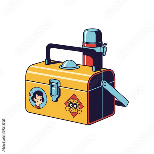 A stylized, cartoon-like lunchbox with a thermos, featuring a girl and animal stickers.