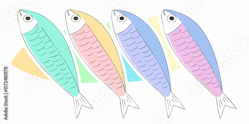 Colorful funky crayon drawn decorative sardines. Cartoon stickers of fish. Bright doodle illustration with pencil cute texture. Kid drawn sardine, tuna, salmon, mackerel. Playful portugal fish.