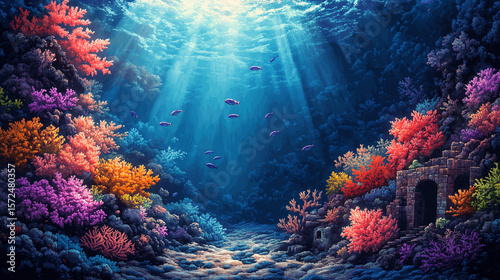 Video game interface background of underwater world with beautiful corals in flat cartoon 8-bit retro style