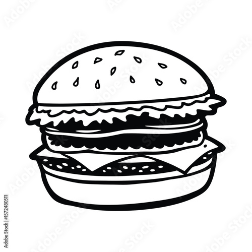 Detailed black and white line drawing of a double cheeseburger