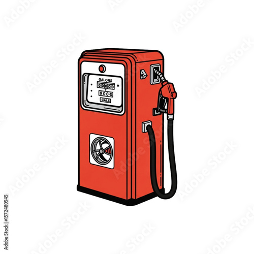Illustration of a vintage red gas pump with a nozzle and hose, isolated on a white background.