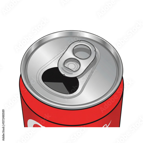 Opened soda can top view, showing pull tab and hole.