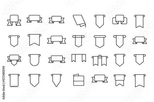 Collection of various black outline ribbon and banner icons flag pennant