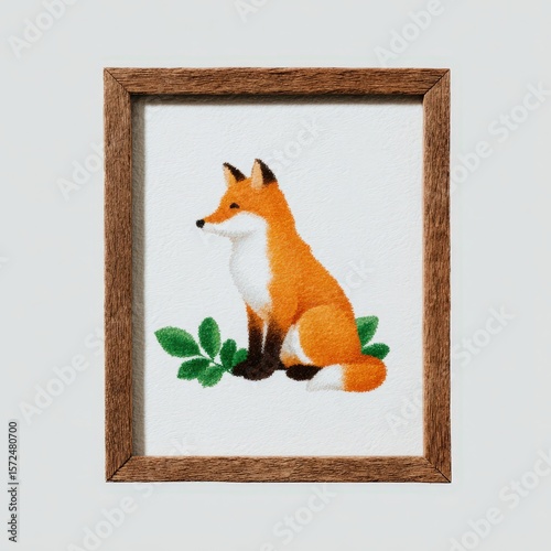 Fox in autumn forest, watercolor style, rustic wooden frame