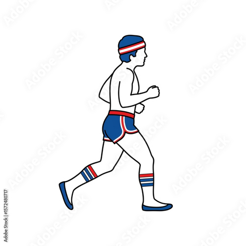 An illustration of a man running, wearing retro athletic attire, side view.