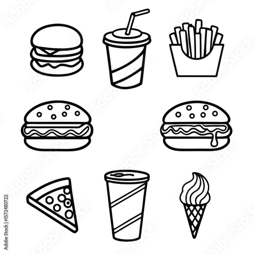 Fast food icons hamburger fries pizza ice cream drink