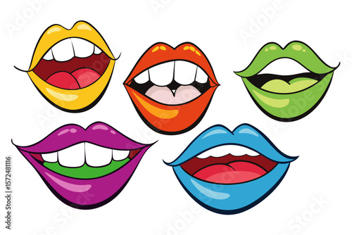Colorful cartoon lips in various poses and expressions on a white background for creative design elements