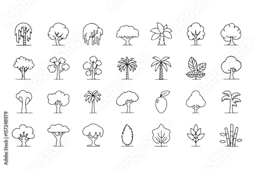 Collection of black outline tree icons and fruit illustration white