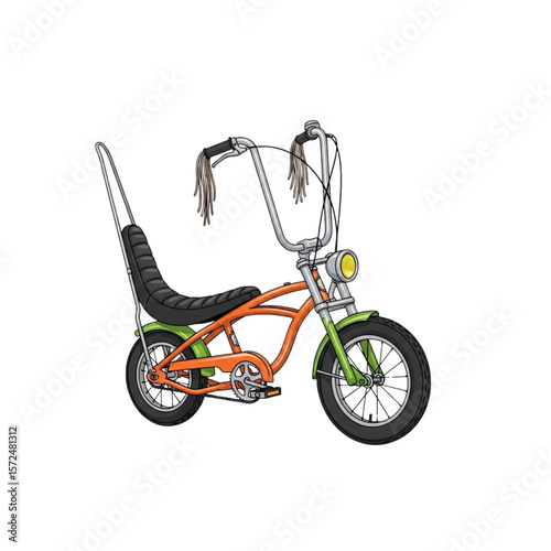 Vintage orange and green lowrider bicycle illustration, detailed handlebars, swept-back seat.