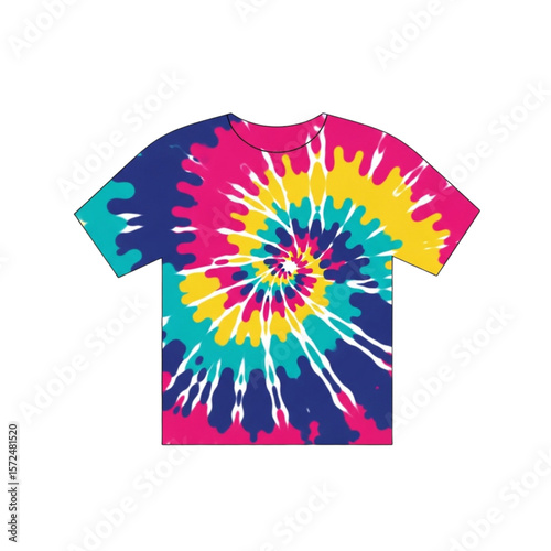 A vibrant tie-dye t-shirt with a colorful spiral design, isolated on white.