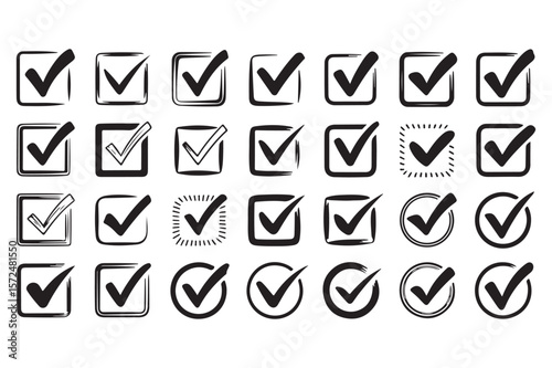 Collection of black check marks in various square and circular frames tick correct