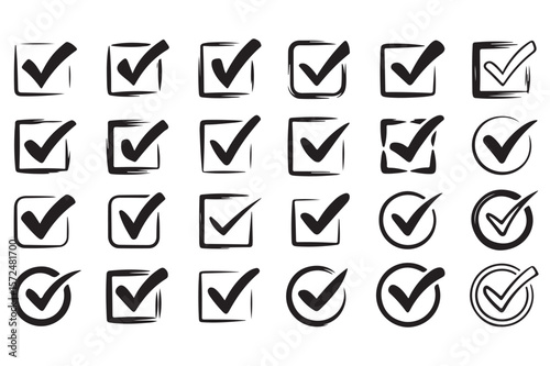 Collection of hand drawn black check marks in squares and circles tick correct