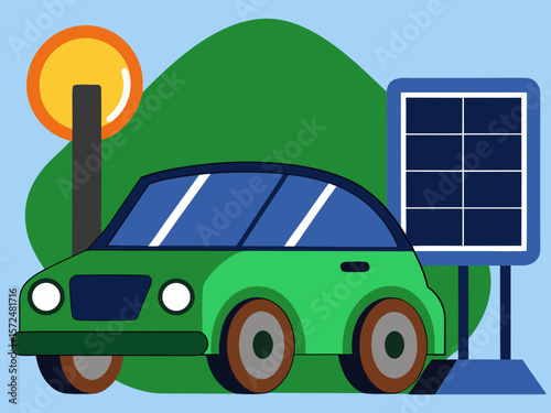 A vector showing a sleek electric car charging