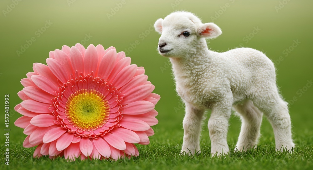 Fototapeta premium 子羊と大輪の花、春の柔らかな光に包まれて微笑む. AI Generated