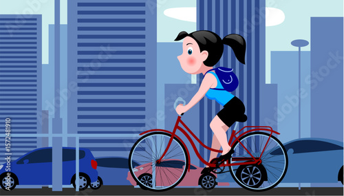 A funny girl with a backpack rides a red bicycle along a street with cars against the background of a modern city with multi-story buildings. Vector 
illustration in cartoon flat style
