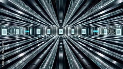 abstract futuristic tunnel, futuristic digital industrial tunnel with abstract design for use in sci fi backgrounds, technology presentations, or motion graphic projects