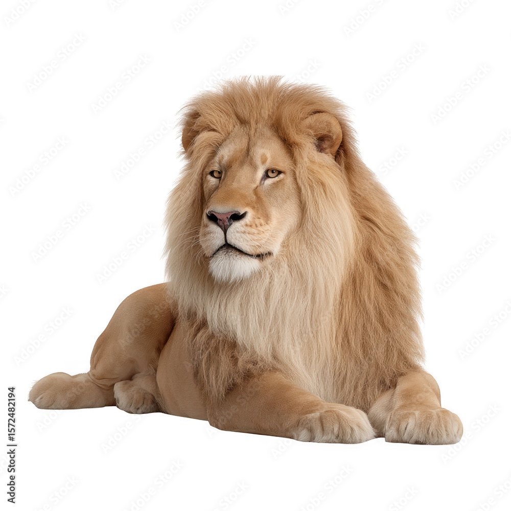 Obraz premium Majestic white lion lying down proudly isolated on transparent background
