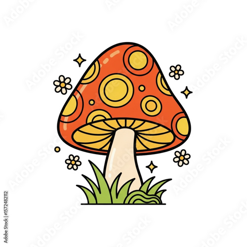 A whimsical illustration of a vibrant red and yellow mushroom with daisies, nestled in grass.