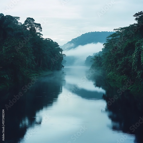 Morning mist hovering over quiet jungle river scene high resolution picture